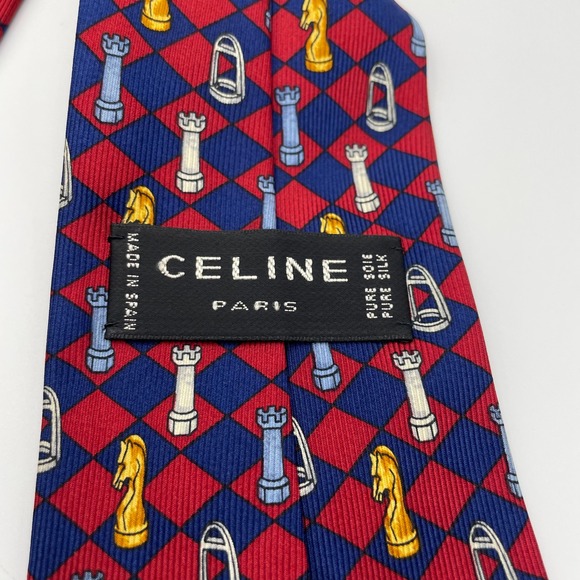 CELINE Paris Men's Silk Chess Pattern Neck Tie Made in Spain - Picture 2 of 3